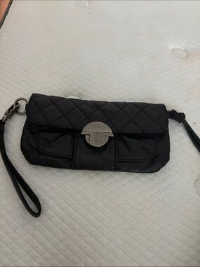 Black Quilted Wristlet Clutch with Silver Turn-Lock